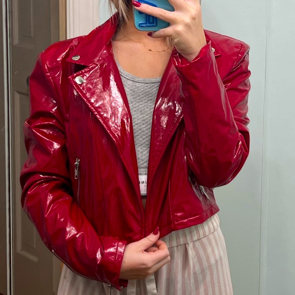 red faux cropped leather jacket!